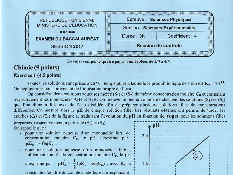 إمتحان فيزياء لسنة 2017 دورة التدارك باكالوريا علوم تجريبية