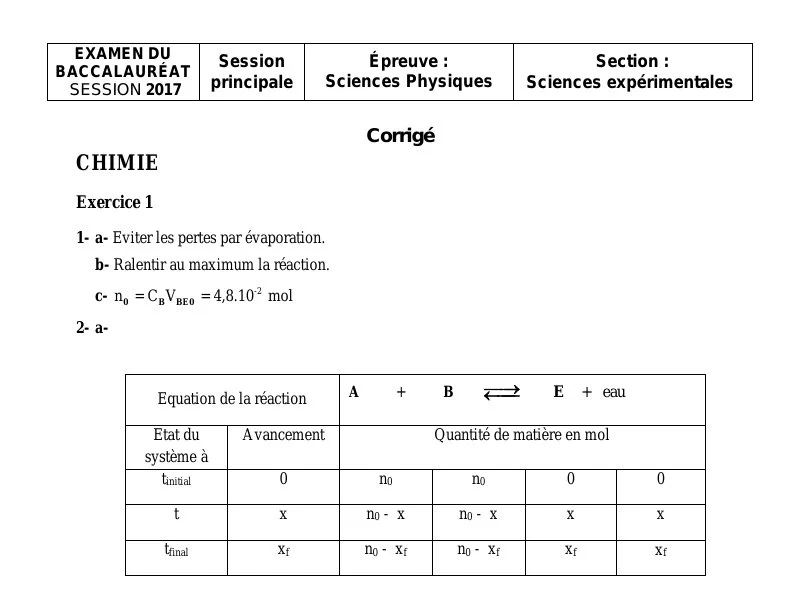 Correction Examen Physique Bac Sciences Exp. 2017