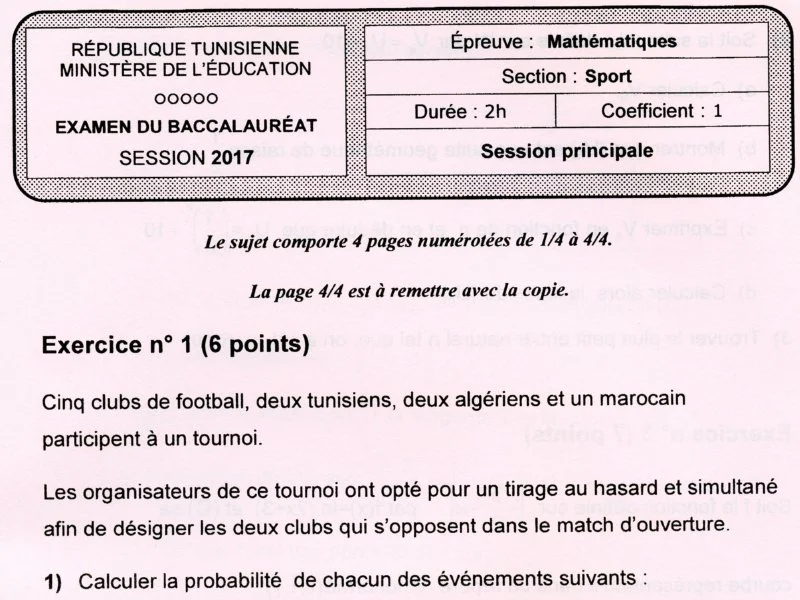 Mathématiques BAC 2017 - Session Principale Éducation Physique