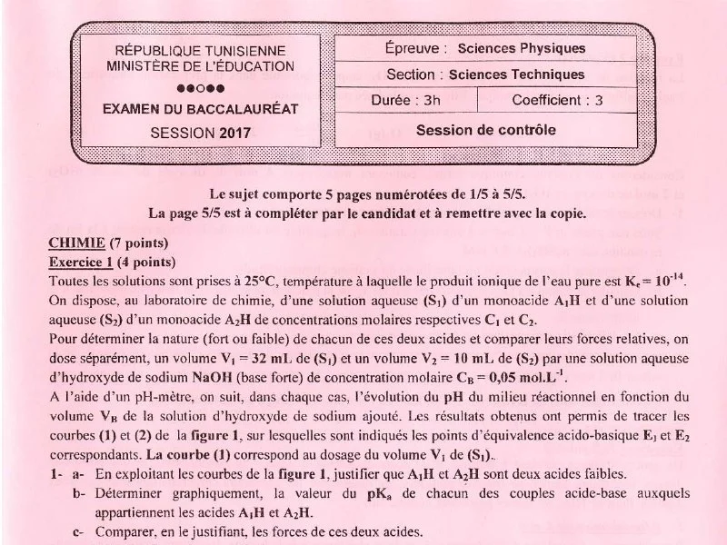 Examen Physique 2017 Rattrapage Bac Sciences Techniques