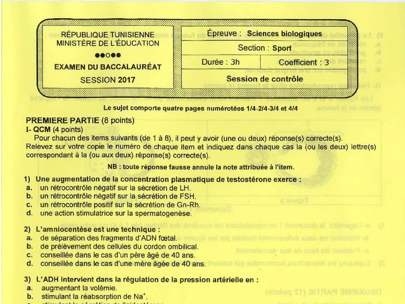 BAC 2017 SVT: Examen de Rattrapage Educación Física Tunisie