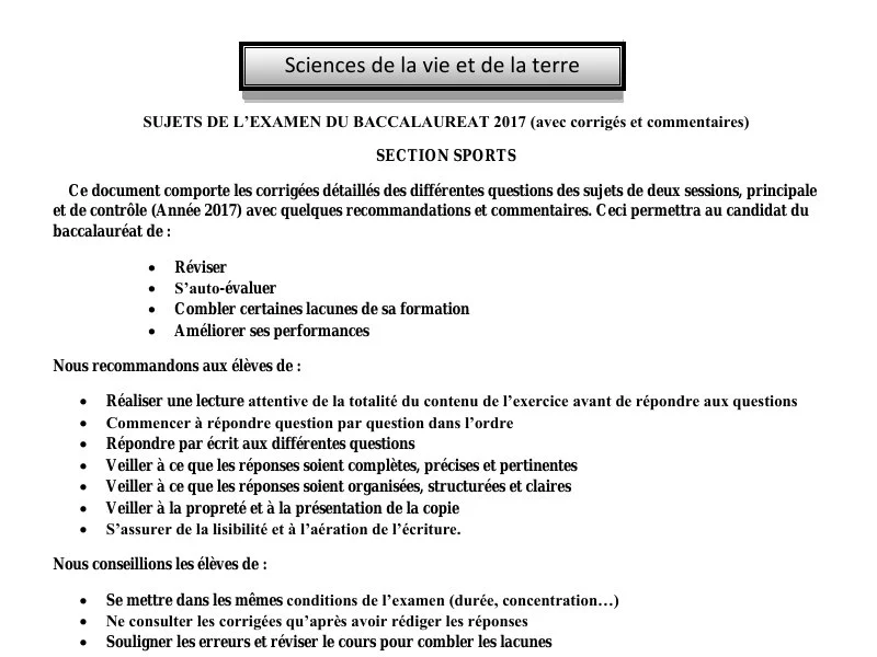 Bac 2017 SVT (Éducation Physique) : Correction Examen Tunisie