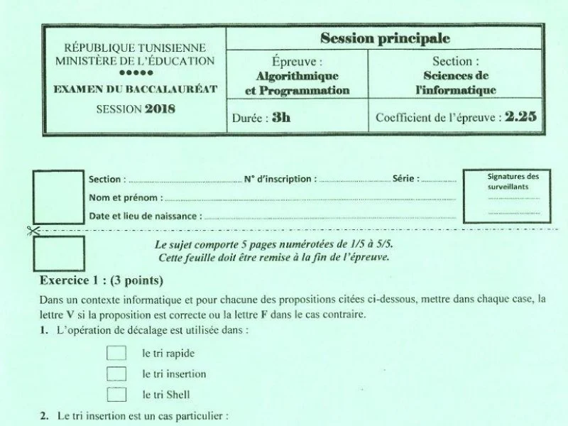Examen d’algorithme et programmation BAC 2018 S principale