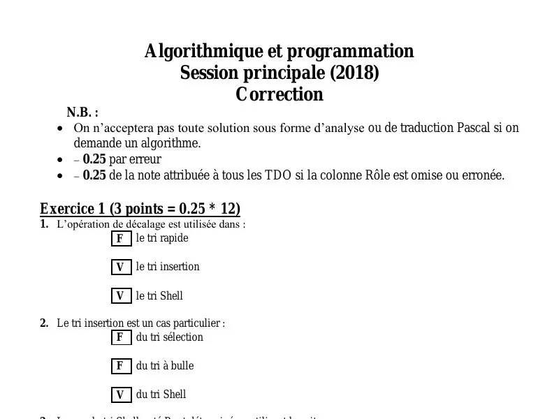 Correction Algorithme et programmation BAC 2018 S principale