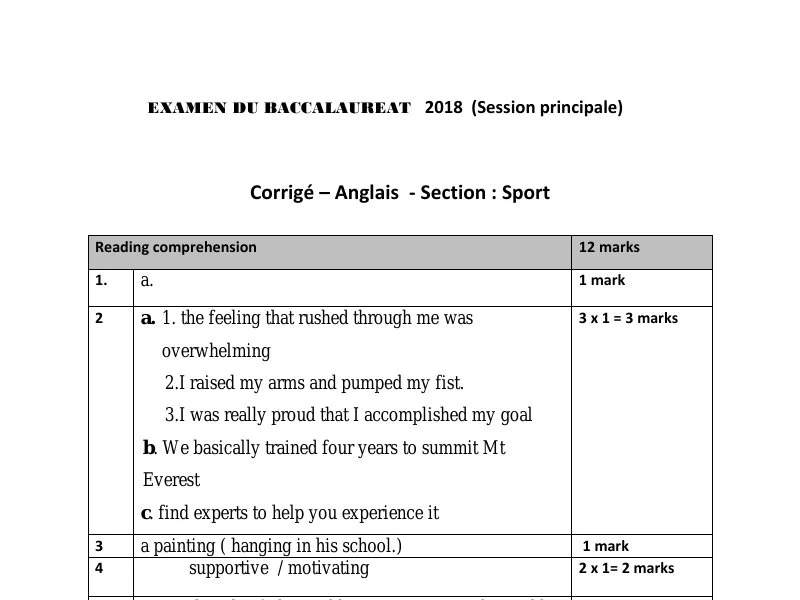 Correction Examen Anglais BAC 2018 : Bac Sport Principal
