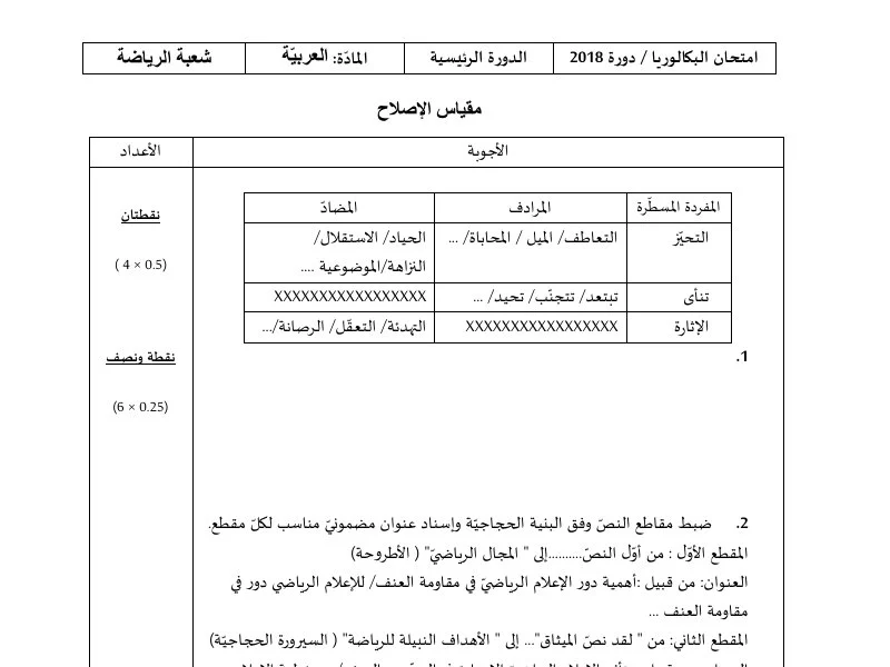 إصلاح إمتحان عربية لسنة BAC 2018 الدورة الرئيسية باكالوريا تربية بدنية