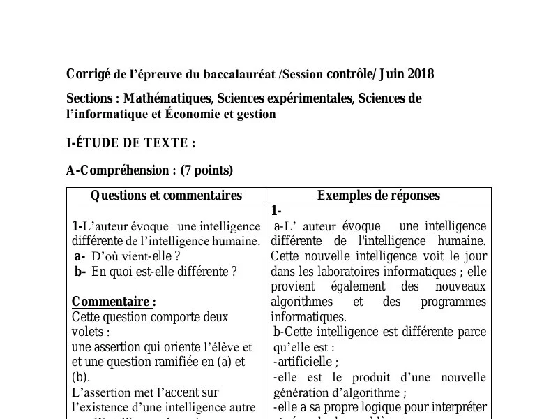 إصلاح إمتحان فرنسية لسنة 2018 دورة التدارك باكالوريا علوم تجريبية
