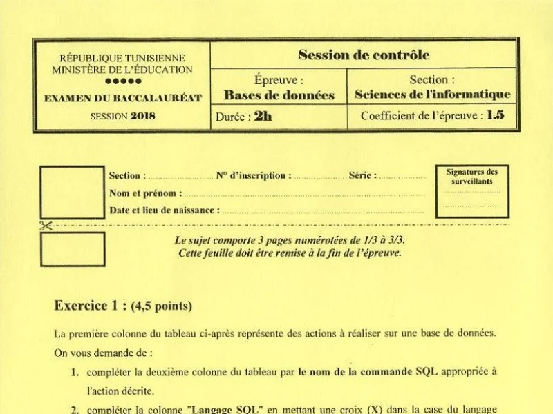 Examen de Base de donnée BAC 2018 controle
