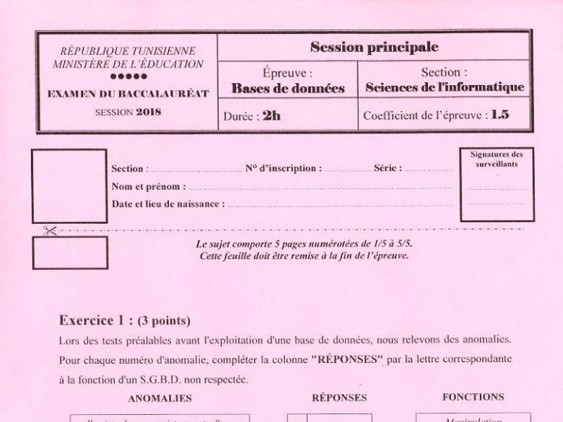 Examen de Base de donnée BAC 2018 principale