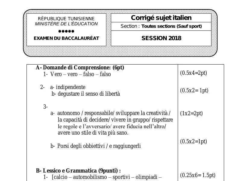 إصلاح إمتحان اللغة الإيطالية لسنة 2018 الدورة الرئيسية شعبة الرياضيات