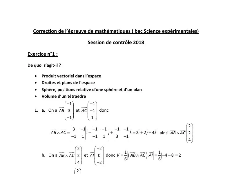 Correction Bac Maths 2018 Tunisie - Sciences Expérimentales