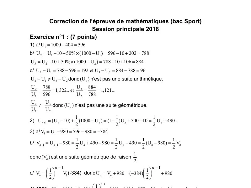 Corrigé Bac Maths 2018 : Épreuves Bac Sport Tunisie