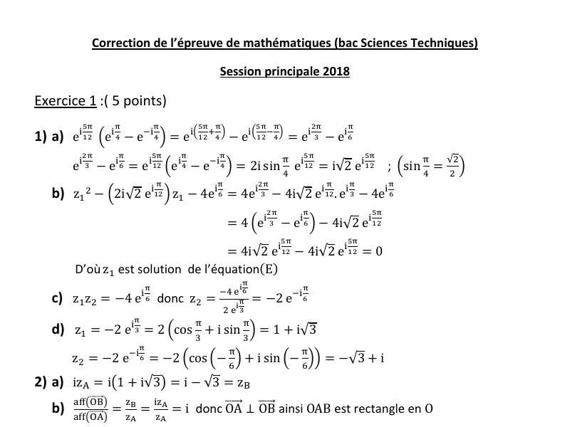 Correction Bac Maths 2018 - Sciences Techniques
