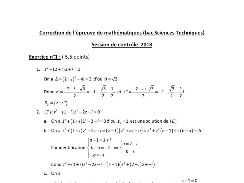Correction Bac Maths 2018 Sciences Techniques