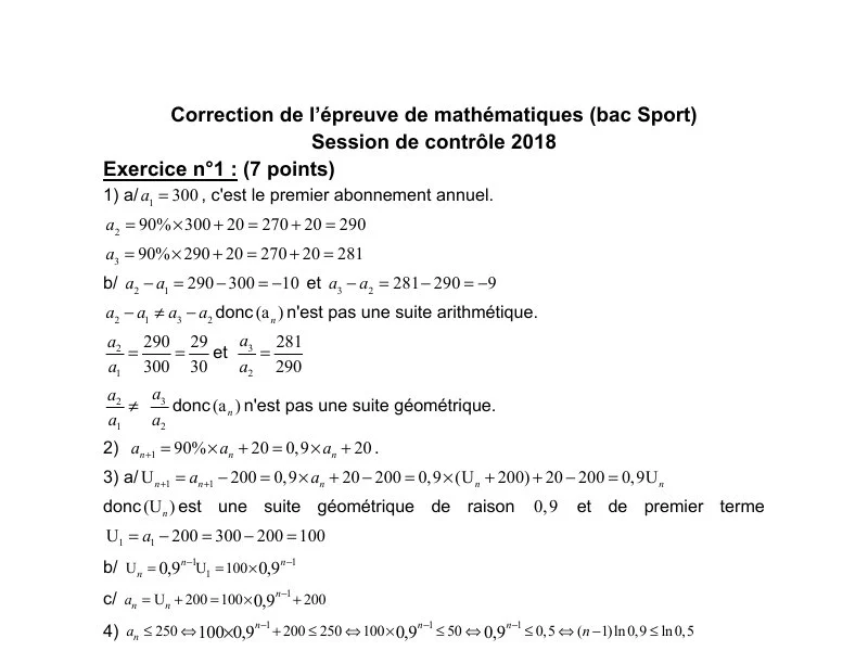 Corrigé Bac 2018 Maths : Session de Rattrapage (Éducation Physique)