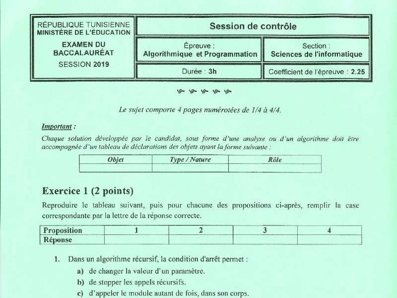 Examen d’algorithme et programmation BAC 2019 S controle