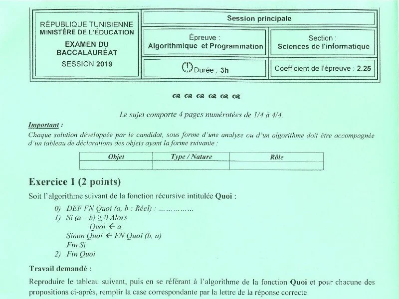 Examen d’algorithme et programmation BAC 2019 S principale