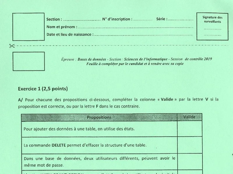 Examen de Base de donnée BAC 2019 controle