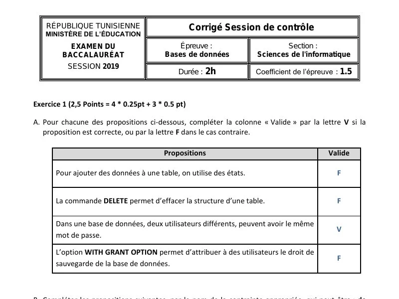 Correction de l'examen de Base de donnée BAC 2019 controle