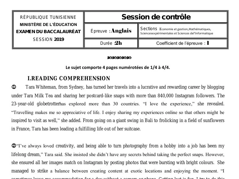 إصلاح إمتحان إنجليزية لسنة 2019 دورة التدارك باكالوريا إعلامية