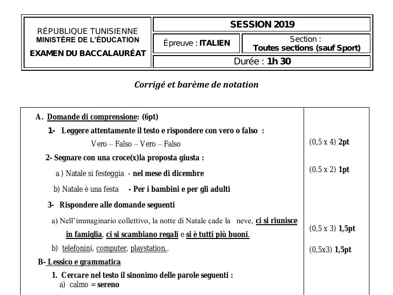 إصلاح إمتحان اللغة الإيطالية لسنة 2019 الدورة الرئيسية شعبة الرياضيات
