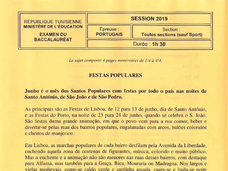 إمتحان اللغة البرتغالية لسنة 2019 الدورة الرئيسية شعبة الرياضيات