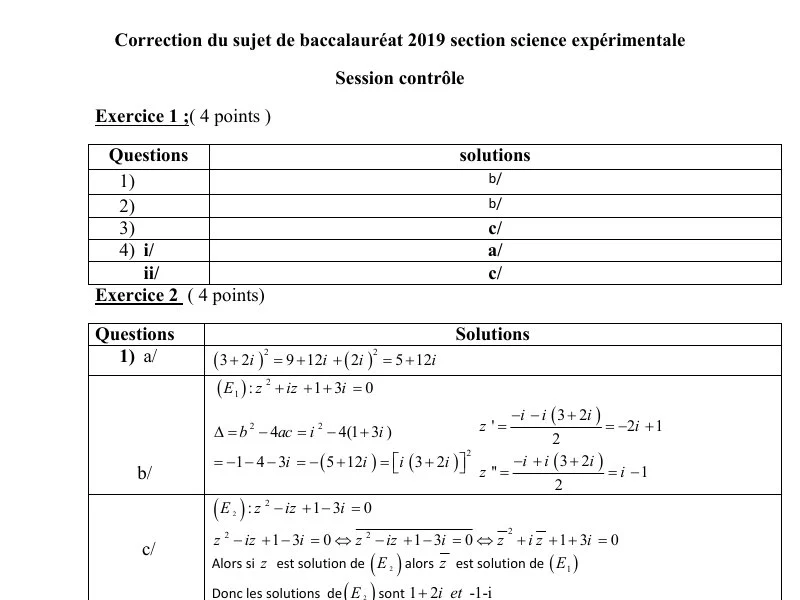 Correction Bac Maths 2019 S. Exp. - Session Contrôle