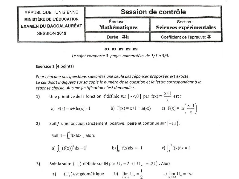 Bac 2019 Maths: Rattrapage Sciences Expérimentales Tunisie