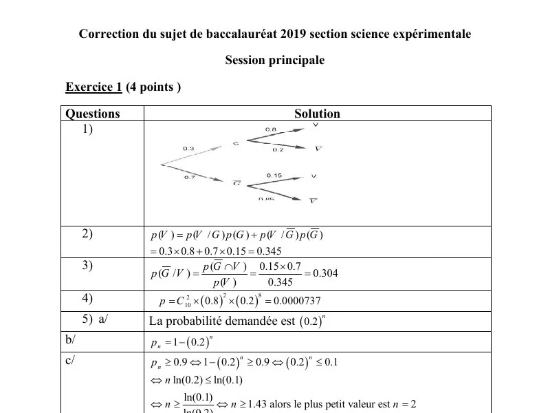 Correction Bac Maths 2019 Sciences Exp. - Session Principale