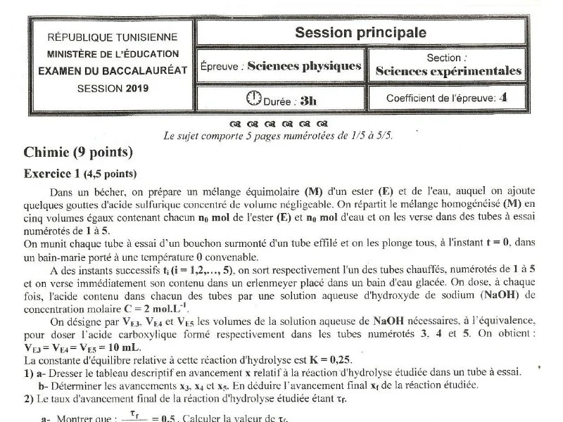 Examen Bac Physique 2019 - Sciences Expérimentales Tunisie