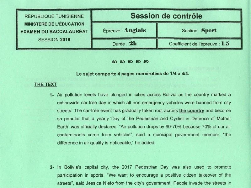 Examens Anglais BAC 2019 - Session de Rattrapage - Éducation Physique