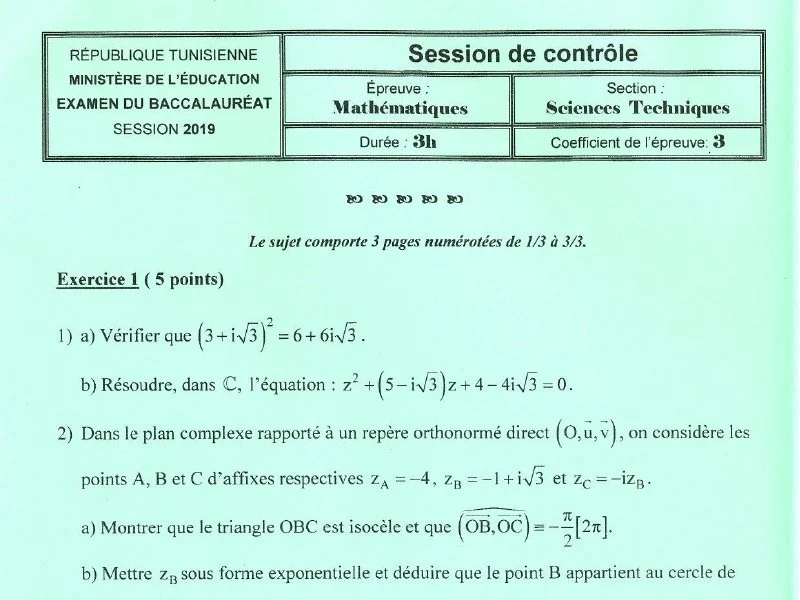 Bac Math 2019 Sciences Tech - Session Rattrapage Tunisie