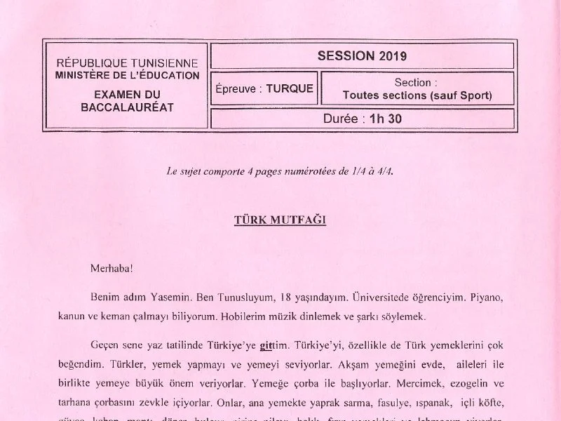 إمتحان اللغة التركية لسنة 2019 الدورة الرئيسية باكالوريا علوم تقنية