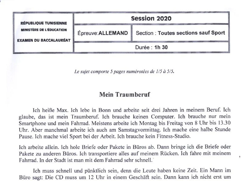 إمتحان اللغة الألمانية لسنة 2020 الدورة الرئيسية شعبة الرياضيات