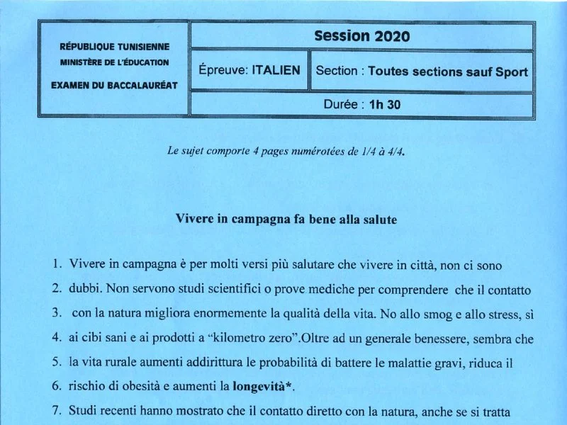 Examen Italien Bac Maths 2020 | Session Principale Tunisie