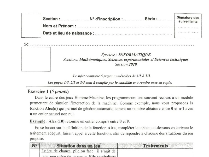 Examen Informatique 2020 Mathématiques - Session Principale