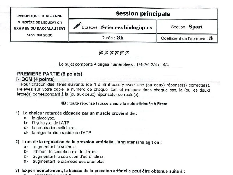 BAC 2020 : Examen Sciences Vie Terre (SVT) - Éducation Physique Tunisie