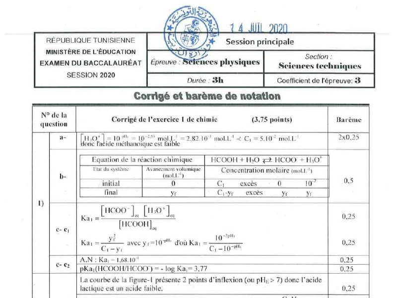 Corrigé Bac Sciences Techniques 2020 - Épreuve Technique