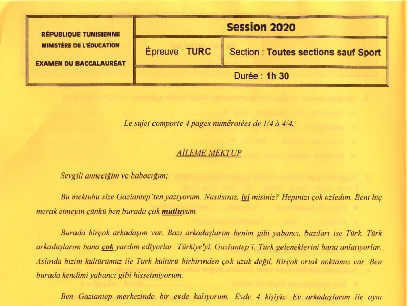 إمتحان اللغة التركية لسنة 2020 الدورة الرئيسية باكالوريا رياضيات