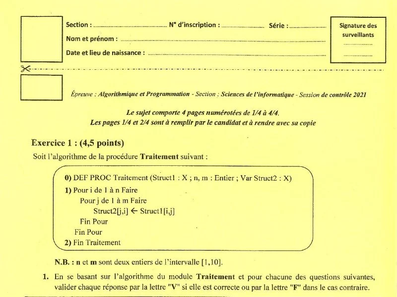 Examen d’algorithme et programmation BAC 2021 S controle