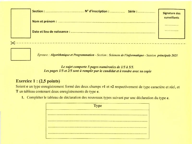 Examen d’algorithme et programmation BAC 2021 S principale