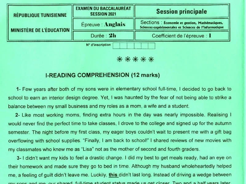 إمتحان اللغة الإنجليزية لسنة 2021 الدورة الرئيسية شعبة الرياضيات