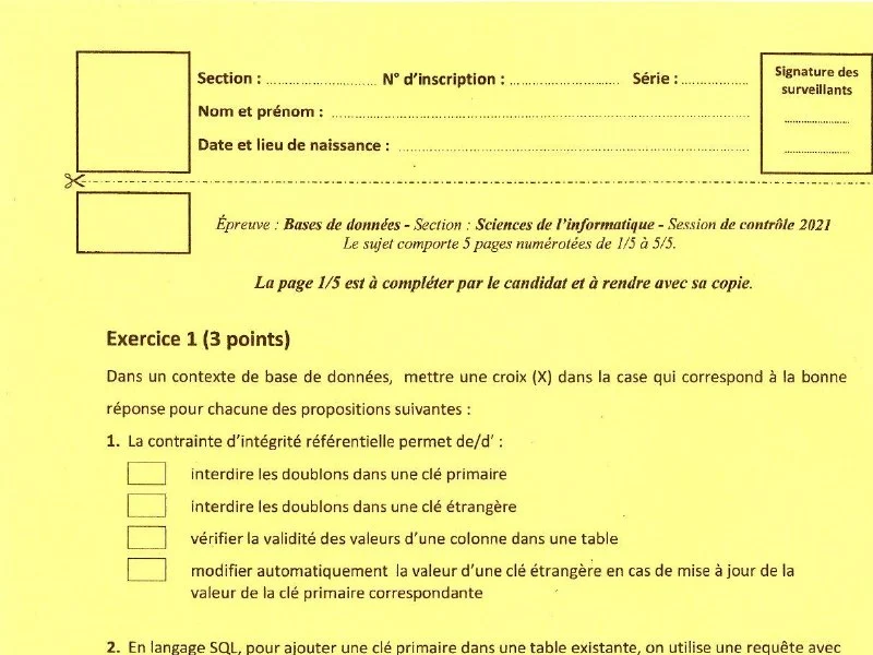 Examen de Base de donnée BAC 2021 controle