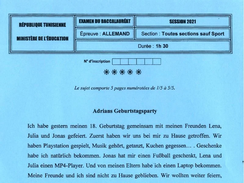Examen Allemand 2021 Maths – Session Principale Tunisie