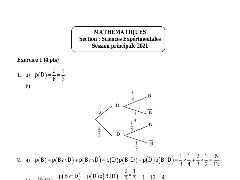 Correction Bac Maths 2021 Sciences Expérimentales