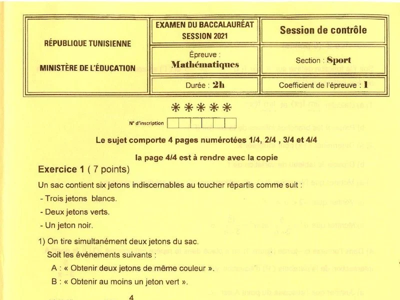 Maths BAC 2021 : Examen Session Rattrapage Bac Sport Tunisie