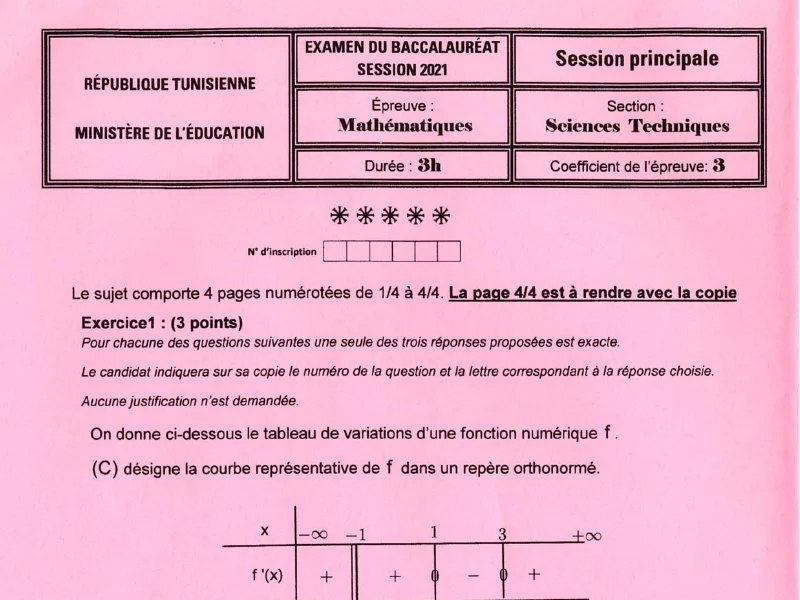 Bac Maths 2021 : Épreuve Sciences Techniques Tunisie