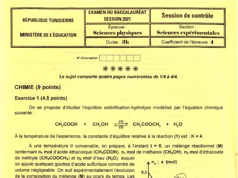 إمتحان فيزياء لسنة 2021 دورة التدارك باكالوريا علوم تجريبية