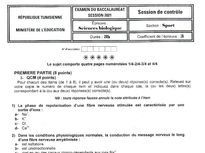 Sciences Vie Terre BAC 2021 : Examen Session Rattrapage (Éduc. Physique)