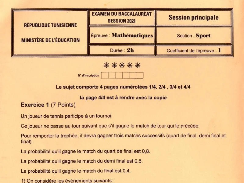 Bac 2021 : Examen Mathématiques Bac Education Physique (Session Principale)